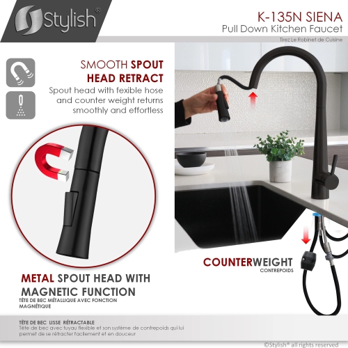Stylish Single Handle Matte Black Pull Down Kitchen Faucet K-135N