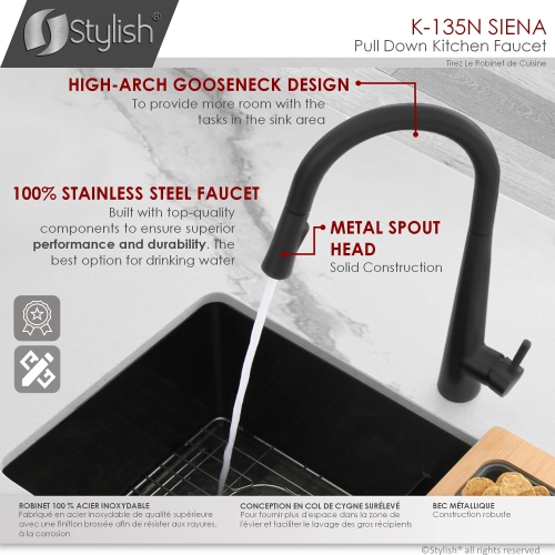 Stylish Single Handle Matte Black Pull Down Kitchen Faucet K-135N