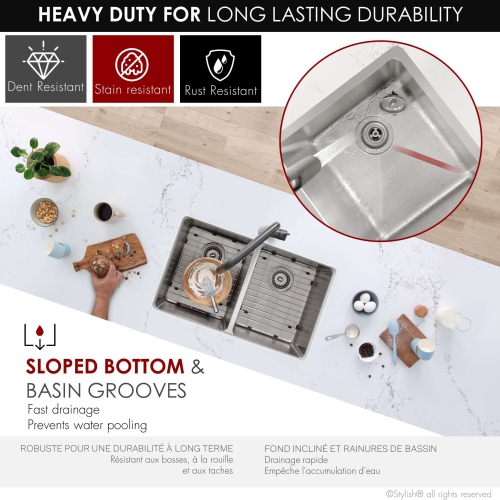 Stylish Dual-Mount 31" Double-Bowl Stainless Steel Kitchen Sink with Strainers and Grids S-401G