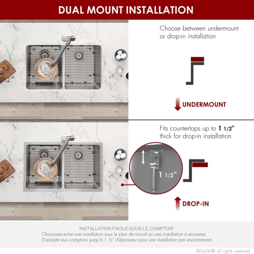 Stylish Dual-Mount 31" Double-Bowl Stainless Steel Kitchen Sink with Strainers and Grids S-401G