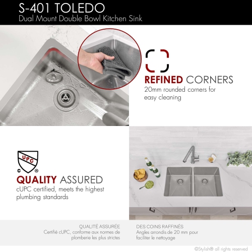 Stylish Dual-Mount 31" Double-Bowl Stainless Steel Kitchen Sink with Strainers S-401