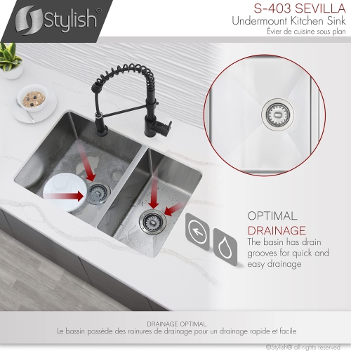 Stylish Undermount 28 inch Stainless Steel Double Bowl Kitchen Sink S-403