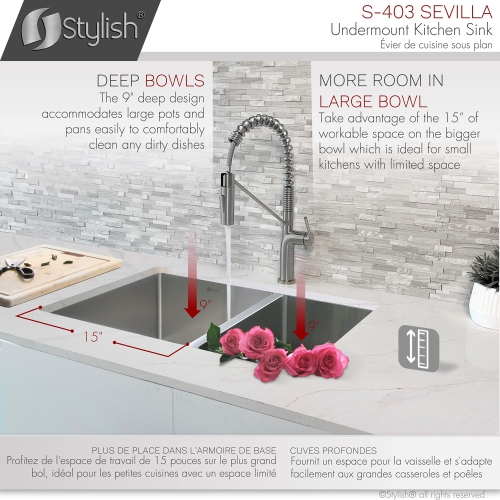 Stylish Undermount 28 inch Stainless Steel Double Bowl Kitchen Sink S-403
