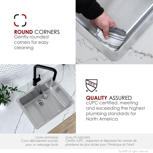 STYLISH 20½ inch Dual Mount Single Bowl 18G Stainless Steel Kitchen Sink S-408T