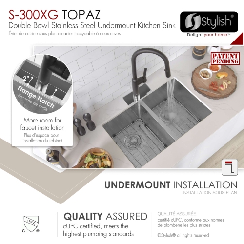 Stylish Undermount 28 inch Stainless Steel 16 G Double Bowl Kitchen Sink S-300XG