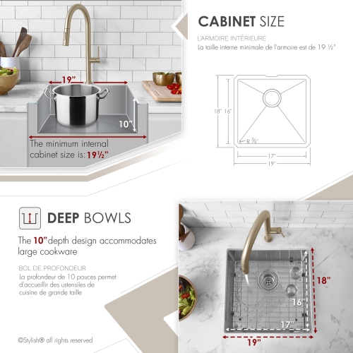 Stylish Undermount 19 inch Stainless Steel Single Bowl Kitchen Sink S-308XG