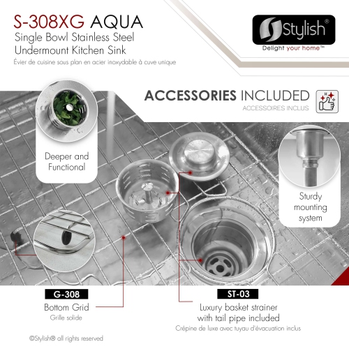 Stylish Undermount 19 inch Stainless Steel Single Bowl Kitchen Sink S-308XG