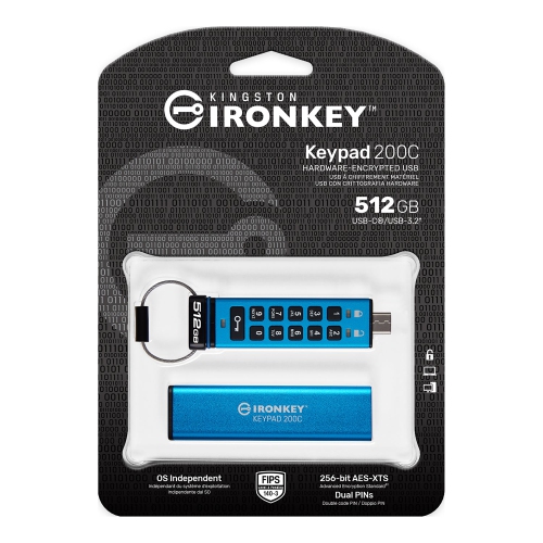 Kingston - IronKey Keypad 200 Series USB-C Encryption Flash Drive, FIPS 140-3 Level 3 Certified, 512GB Capacity