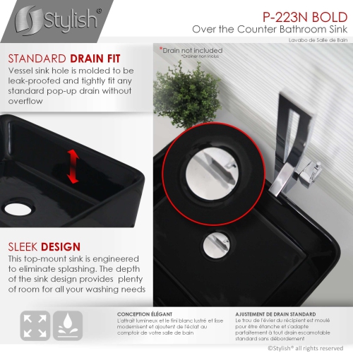 STYLISH Porcelain Rectangular Vessel Bathroom Sink Glossy Black P-223N