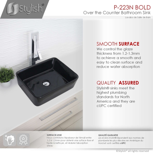 STYLISH Porcelain Rectangular Vessel Bathroom Sink Glossy Black P-223N