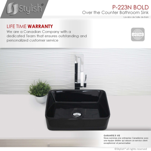 STYLISH Porcelain Rectangular Vessel Bathroom Sink Glossy Black P-223N