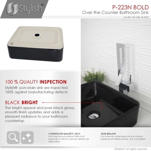 STYLISH Porcelain Rectangular Vessel Bathroom Sink Glossy Black P-223N