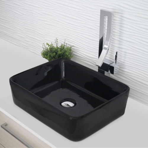 STYLISH Porcelain Rectangular Vessel Bathroom Sink Glossy Black P-223N