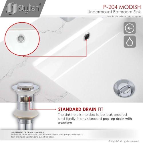 Stylish Undermount 20" Rectangular Bathroom Sink with 2 Overflow Finishes P-204