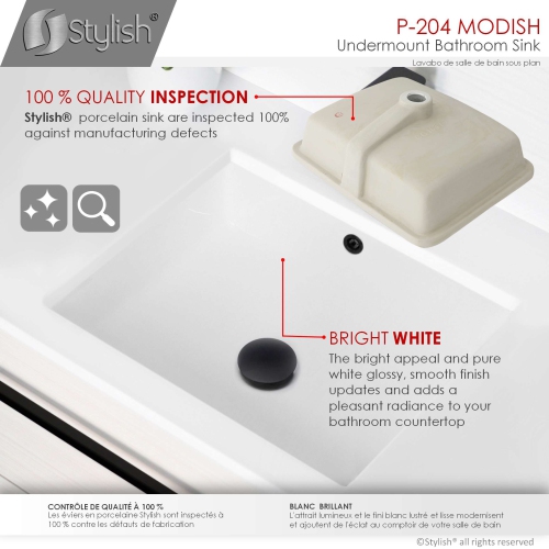 Stylish Undermount 20" Rectangular Bathroom Sink with 2 Overflow Finishes P-204