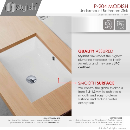 Stylish Undermount 20" Rectangular Bathroom Sink with 2 Overflow Finishes P-204