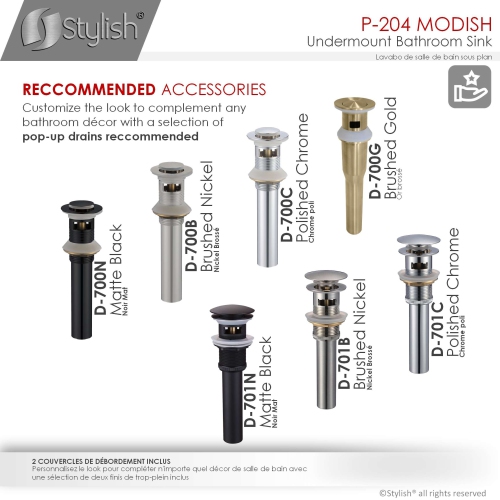 Stylish Undermount 20" Rectangular Bathroom Sink with 2 Overflow Finishes P-204