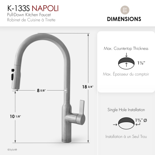 STYLISH Kitchen Sink Faucet Single Handle Pull Down Dual Mode Stainless Steel Brushed Finish K-133S
