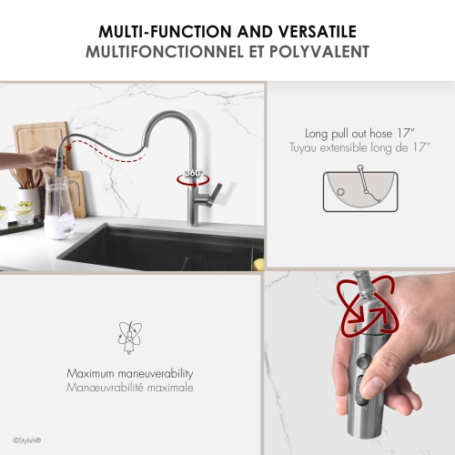 STYLISH Kitchen Sink Faucet Single Handle Pull Down Dual Mode Stainless Steel Brushed Finish K-133S
