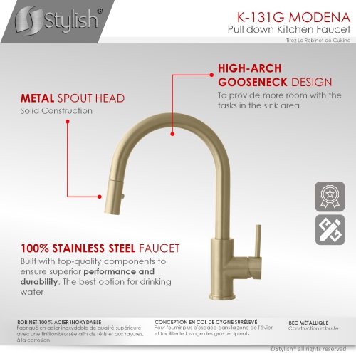 STYLISH Kitchen Sink Faucet Single Handle Pull Down Dual Mode Stainless Steel in Brushed Gold K-131G