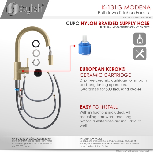 STYLISH Kitchen Sink Faucet Single Handle Pull Down Dual Mode Stainless Steel in Brushed Gold K-131G