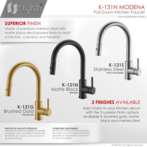 STYLISH Kitchen Sink Faucet Single Handle Pull Down Dual Mode Stainless Steel in Matte Black K-131N