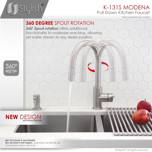 STYLISH Kitchen Sink Faucet Single Handle Pull Down Dual Mode Stainless Steel in Brushed Finish K-131S