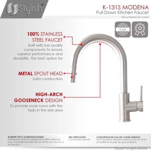 STYLISH Kitchen Sink Faucet Single Handle Pull Down Dual Mode Stainless Steel in Brushed Finish K-131S