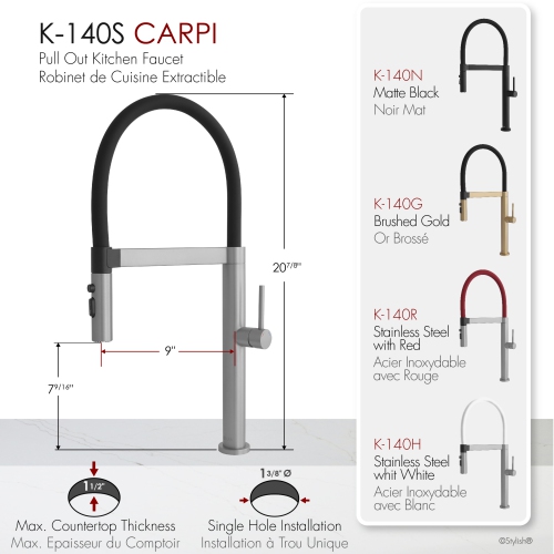 Single Handle Stainless Steel with Black Spout Hose Pull Out Three Modes Kitchen Faucet K-140S