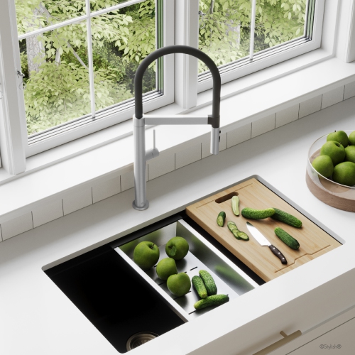 Single Handle Stainless Steel with Black Spout Hose Pull Out Three Modes Kitchen Faucet K-140S