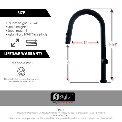 STYLISH Kitchen Sink Faucet Single Handle Pull Down Dual Mode Stainless Steel, Matte Black Finish K-141N