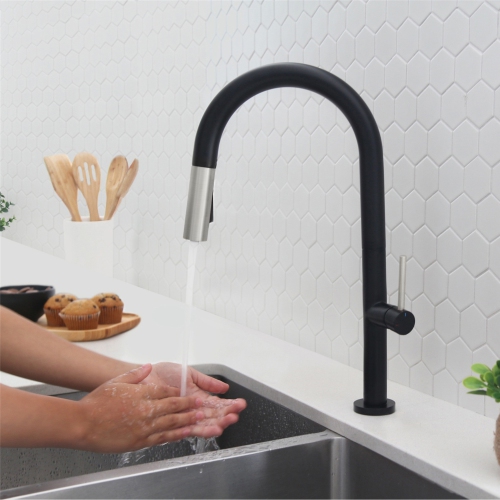 STYLISH Kitchen Sink Faucet Single Handle Pull Down Dual Mode Lead Free Matte Black with Silver Head and Handle Finish K-141NS