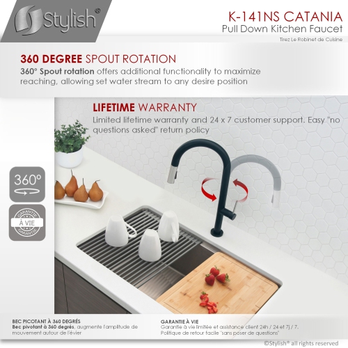 STYLISH Kitchen Sink Faucet Single Handle Pull Down Dual Mode Lead Free Matte Black with Silver Head and Handle Finish K-141NS