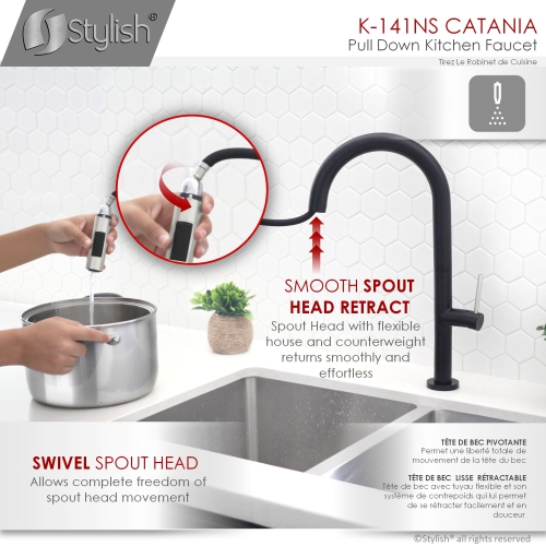 STYLISH Kitchen Sink Faucet Single Handle Pull Down Dual Mode Lead Free Matte Black with Silver Head and Handle Finish K-141NS