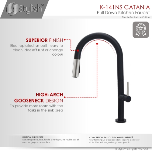 STYLISH Kitchen Sink Faucet Single Handle Pull Down Dual Mode Lead Free Matte Black with Silver Head and Handle Finish K-141NS