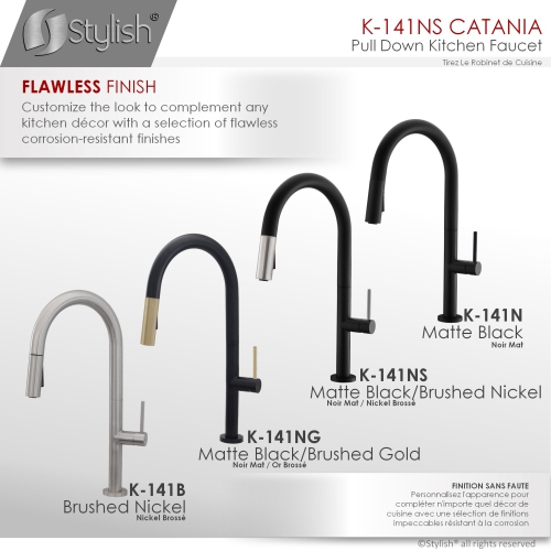 STYLISH Kitchen Sink Faucet Single Handle Pull Down Dual Mode Lead Free Matte Black with Silver Head and Handle Finish K-141NS