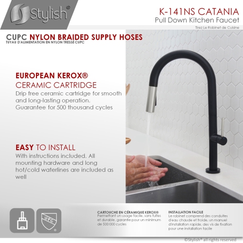 STYLISH Kitchen Sink Faucet Single Handle Pull Down Dual Mode Lead Free Matte Black with Silver Head and Handle Finish K-141NS