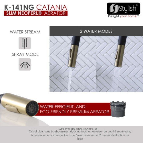 Stylish Kitchen Sink Faucet Single Handle Pull Down Dual Mode Lead Free Matte Black with Gold Head and Handle Finish K-141NG