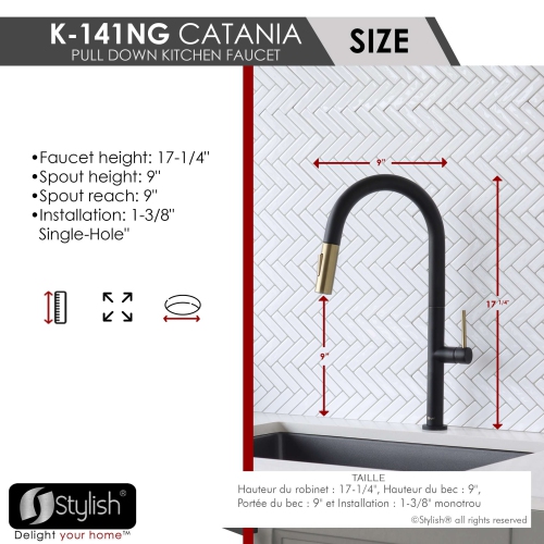 Stylish Kitchen Sink Faucet Single Handle Pull Down Dual Mode Lead Free Matte Black with Gold Head and Handle Finish K-141NG