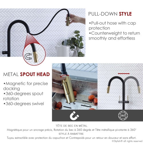 Stylish Kitchen Sink Faucet Single Handle Pull Down Dual Mode Lead Free Matte Black with Gold Head and Handle Finish K-141NG