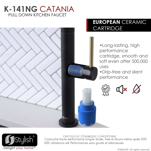 Stylish Kitchen Sink Faucet Single Handle Pull Down Dual Mode Lead Free Matte Black with Gold Head and Handle Finish K-141NG