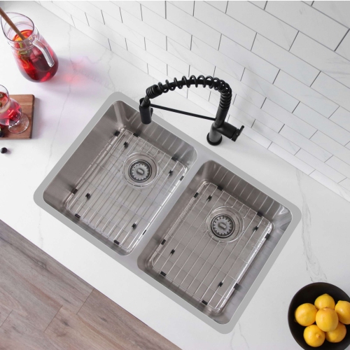 Stylish Dual-Mount 29" Double Bowl Stainless Steel Kitchen Sink with grids and strainers, S-414TG