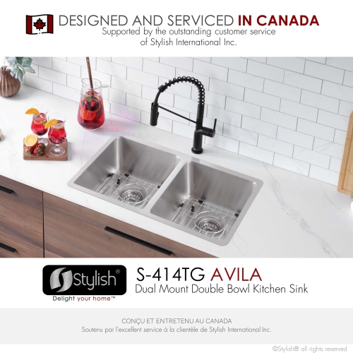 Stylish Dual-Mount 29" Double Bowl Stainless Steel Kitchen Sink with grids and strainers, S-414TG