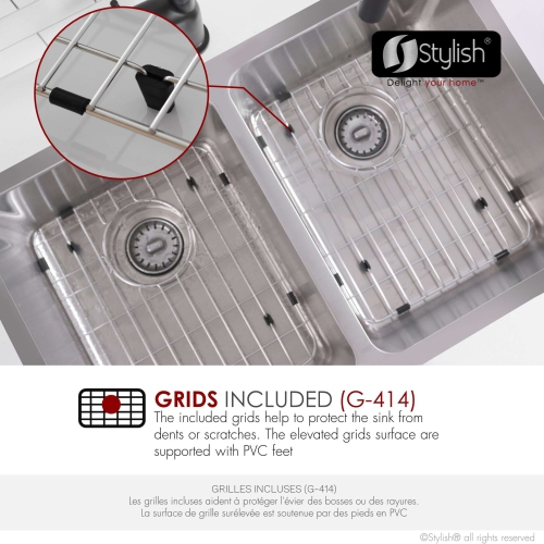 Stylish Dual-Mount 29" Double Bowl Stainless Steel Kitchen Sink with grids and strainers, S-414TG