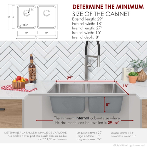 Stylish Dual-Mount 29" Double Bowl Stainless Steel Kitchen Sink with grids and strainers, S-414TG