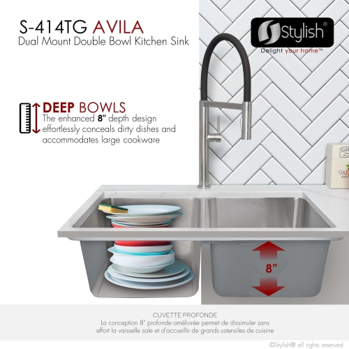 Stylish Dual-Mount 29" Double Bowl Stainless Steel Kitchen Sink with grids and strainers, S-414TG