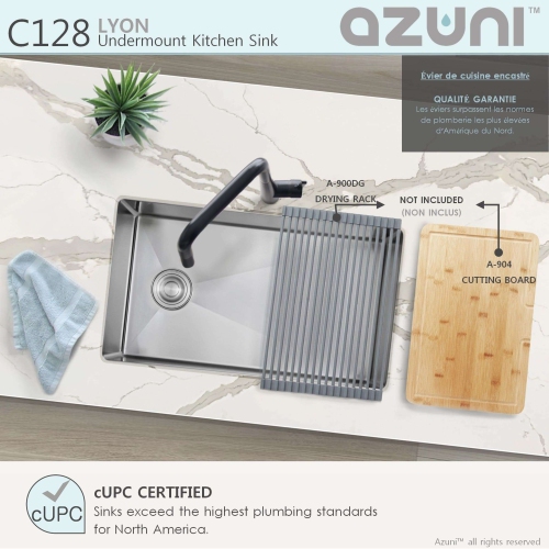AZUNI 28"L x 18"W Stainless Steel Single Bowl Undermount 16G Reversible Kitchen Sink with Grid and Basket Strainer C128