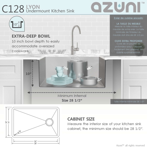 AZUNI 28"L x 18"W Stainless Steel Single Bowl Undermount 16G Reversible Kitchen Sink with Grid and Basket Strainer C128