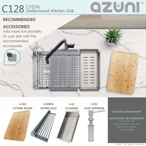 AZUNI 28"L x 18"W Stainless Steel Single Bowl Undermount 16G Reversible Kitchen Sink with Grid and Basket Strainer C128