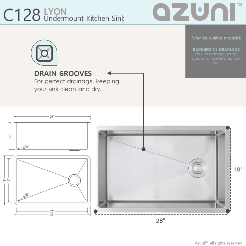 AZUNI 28"L x 18"W Stainless Steel Single Bowl Undermount 16G Reversible Kitchen Sink with Grid and Basket Strainer C128